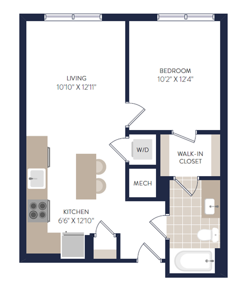 Floor plan for 1 bed, 1 bath, 562 sqft
